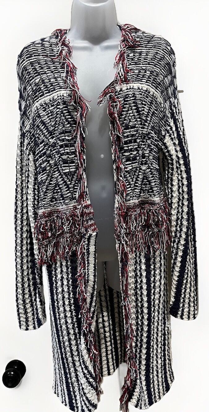 Women New Directions Blue, Red & White Open Front Sweater Cardigan Size L